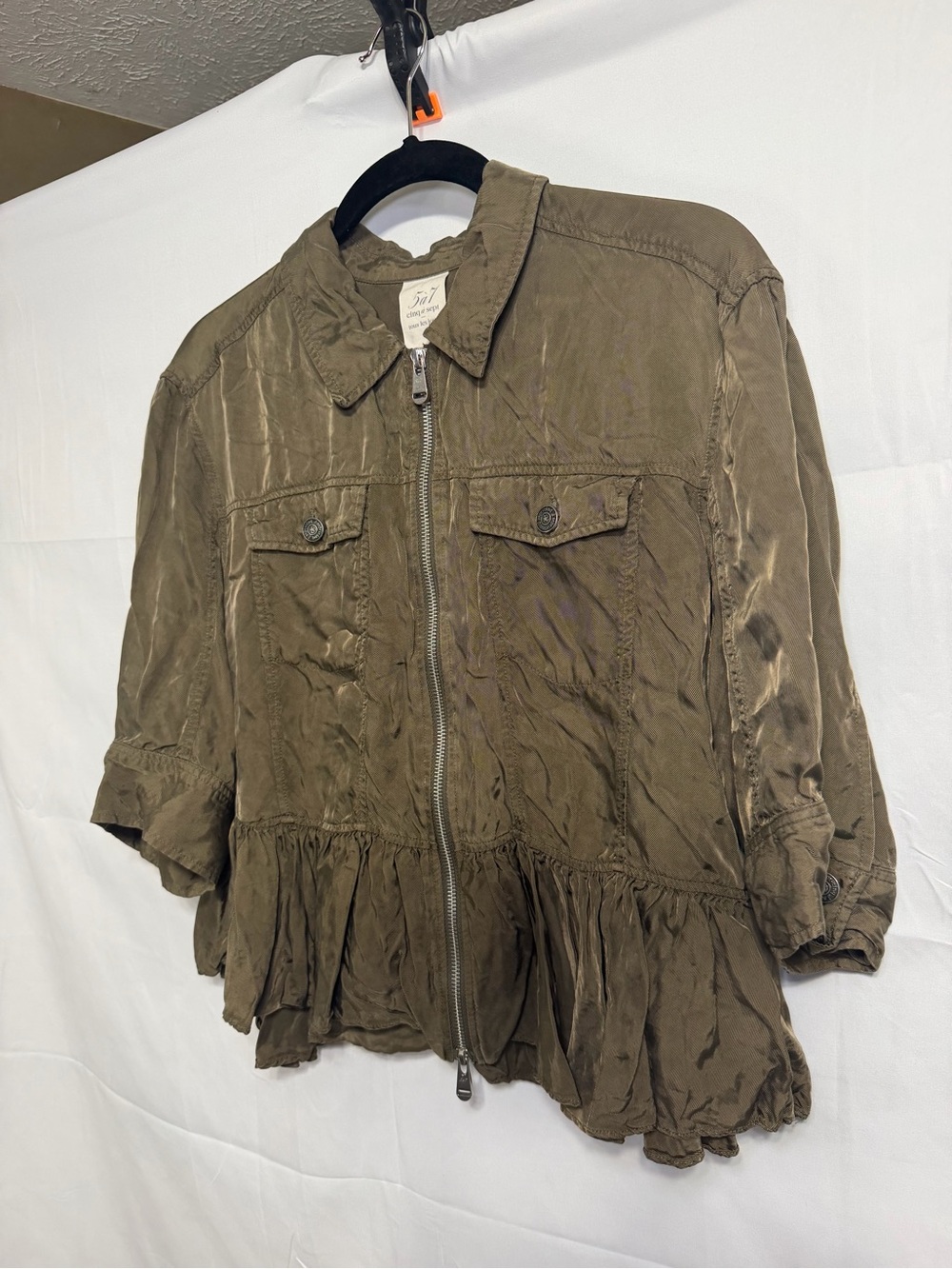 Cinq a Sept Women's Medium Olive Green Cupro Zip Front Short Jacket 3/4 Sleeve - Picture 2 of 13